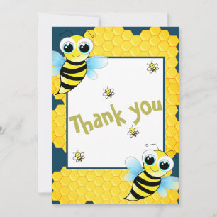 Cute Gold Blue Yellow Bees Baby Shower Thank You Card