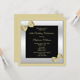 Cute Gold Bows & Silver Framed Birthday   Invitation