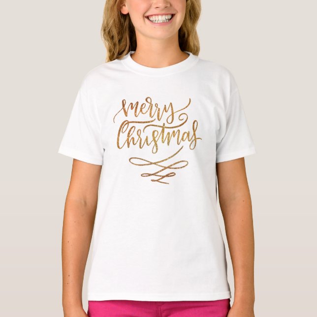 Cute Gold Brush Script Merry Christmas T-Shirt (Front)