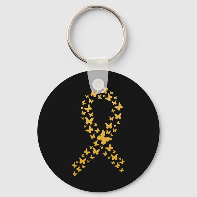 Cute Gold Butterflies Ribbon Childhood Cancer Awar Key Ring (Front)