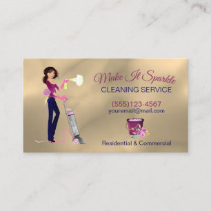 Cute Gold Cartoon Maid Cleaning Services Business Card