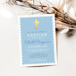 CUTE GOLD CROSS modern baptism scalloped edge blue Invitation