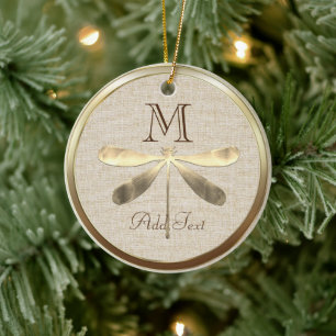 Cute Gold Dragonfly Monogram Ceramic Ornament