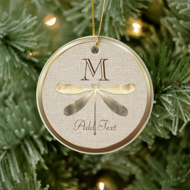 Cute Gold Dragonfly Monogram Ceramic Ornament (Tree)