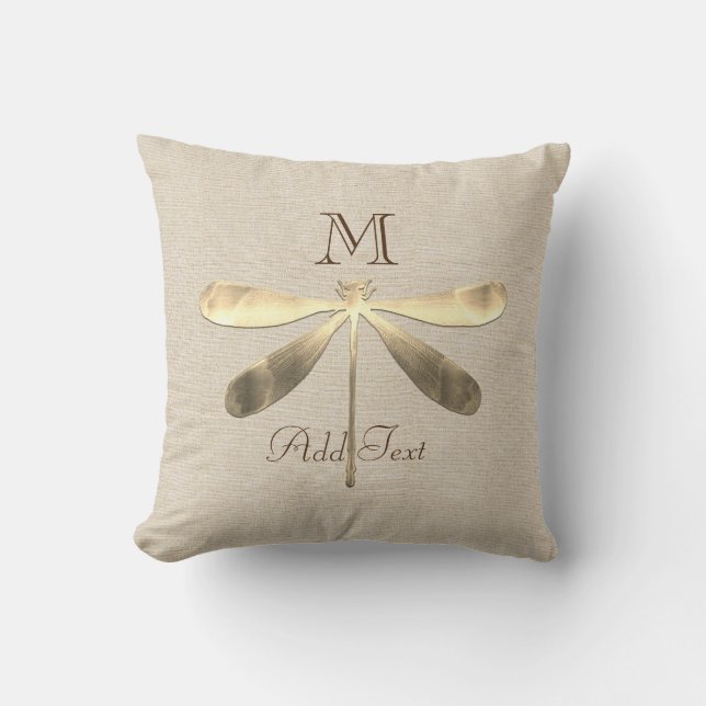 Cute Gold Dragonfly Monogrammed Cushion (Front)