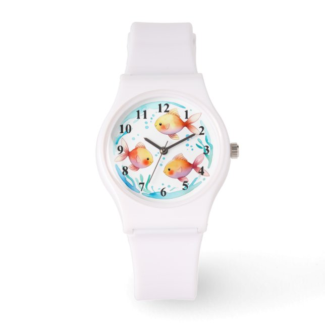 Cute Gold Fish Watercolor Nautical Sea Golfish Watch (Front)