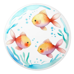 Cute Gold Fish Watercolor Ocean Sea Nautical Ceramic Knob