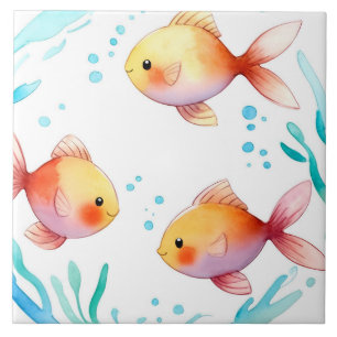 Cute Gold Fish Watercolor Ocean Sea Nautical Ceramic Tile
