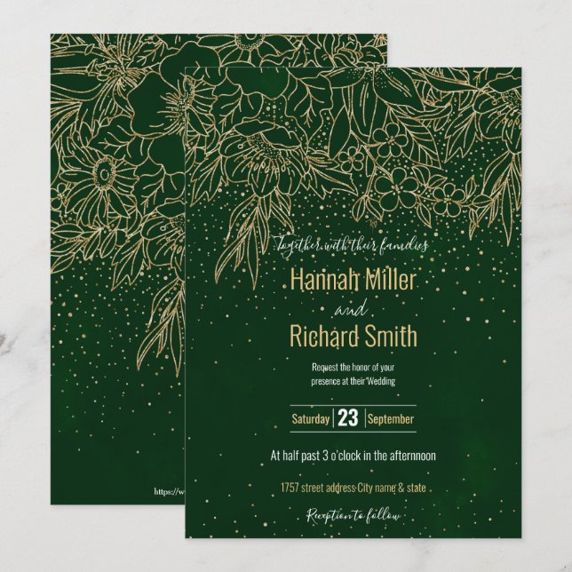 Cute Gold Floral Doodles & confetti Green Design Invitation (Front/Back)