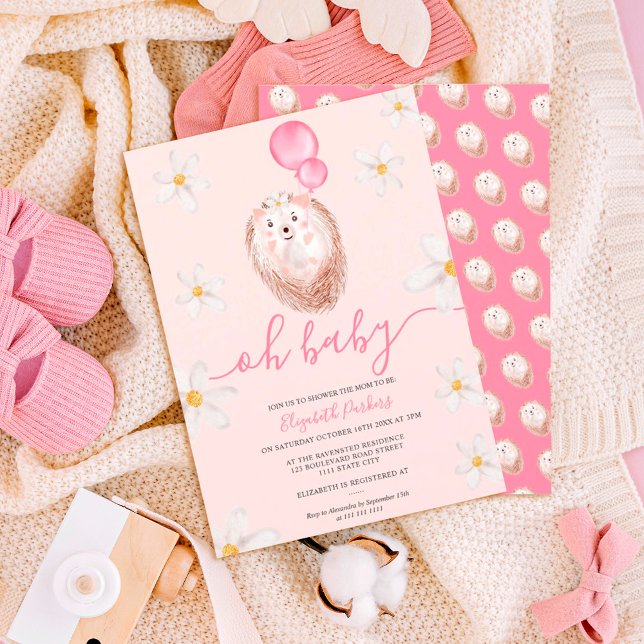 Cute gold flower hedgehog watercolor baby shower invitation (Creator Uploaded)