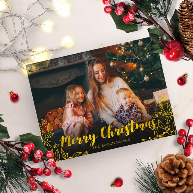 Cute Gold Foil Foliage Photo Merry Christmas Postcard (Creator Uploaded)