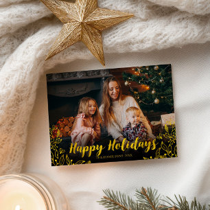 Cute Gold Foliage Happy Holidays Photo Christmas Postcard