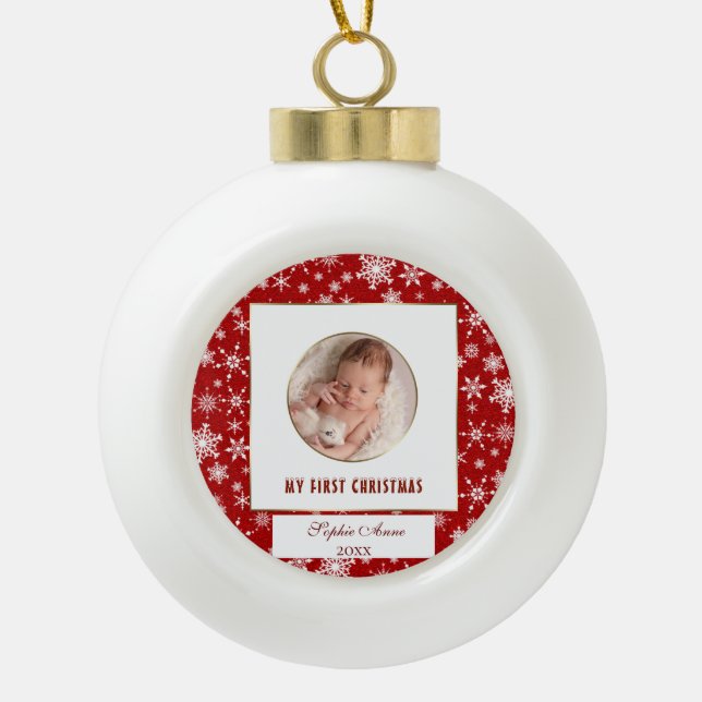 Cute Gold Frame My First Christmas Baby Photo Cera Ceramic Ball Christmas Ornament (Front)