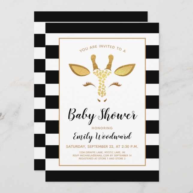 Cute Gold Giraffe Face Baby Shower Invitation (Front/Back)