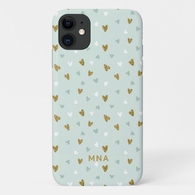 Cute Gold Glitter and Mint Hearts Pattern Monogram Case-Mate iPhone Case (Back)