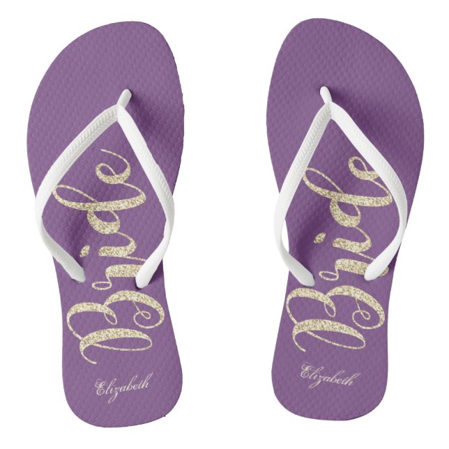 Cute Gold Glitter Bride,Purple  -Personalised Thongs (Footbed)