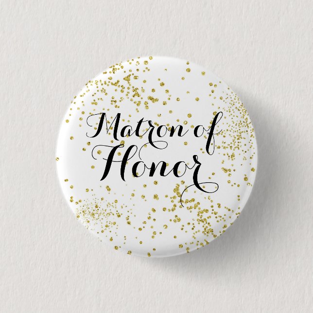 Cute Gold Glitter Matron of Honour Button (Front)