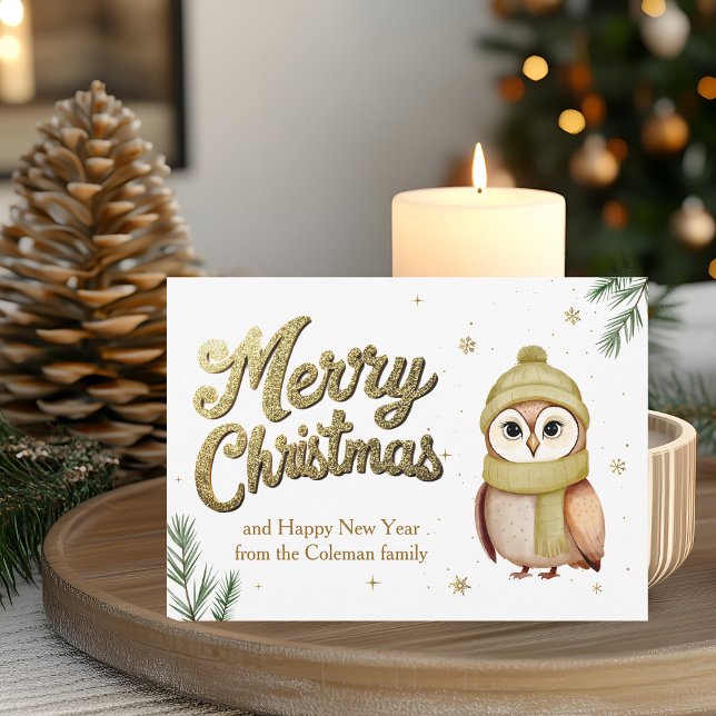 Cute Gold Glitter Merry Christmas Owl Holiday Card (Creator Uploaded)