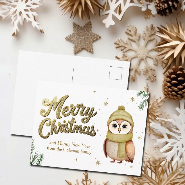 Cute Gold Glitter Merry Christmas Owl Holiday Postcard (Creator Uploaded)