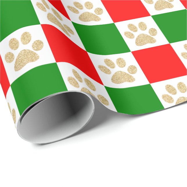 Cute Gold Glitter Paw Print Red Green Chequered Wrapping Paper (Roll Corner)