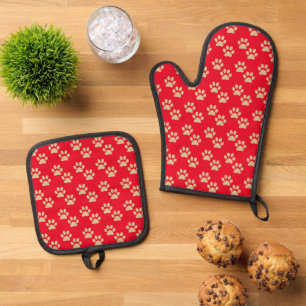 Cute Gold Glitter Paw Prints Pet Lovers Red Oven Mitt & Pot Holder Set
