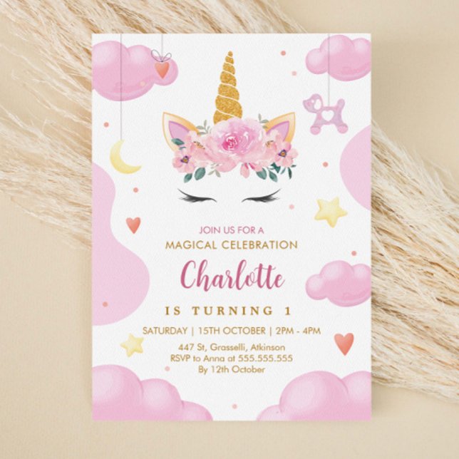 Cute Gold Glitter Pink Floral Unicorn Birthday Invitation (Creator Uploaded)