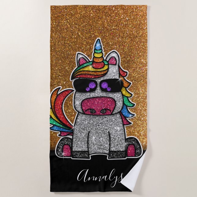 Cute Gold Glitter Rainbow Unicorn Sparkles Glam Beach Towel (Front)