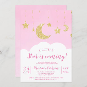 Cute gold glitter star moon cloud pink baby shower invitation