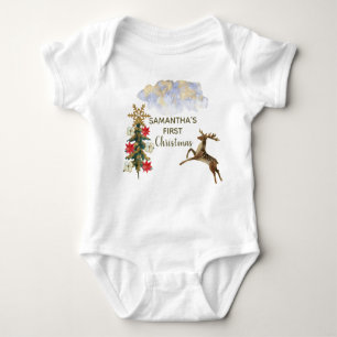 Cute Gold Glitter Trees Deer Baby First Christmas  Baby Bodysuit