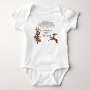 Cute Gold Glitter Trees Deer Baby First Christmas  Bodysuit