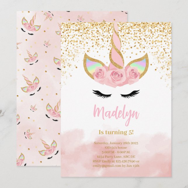 Cute Gold Glitter Unicorn Birthday Invitation (Front/Back)