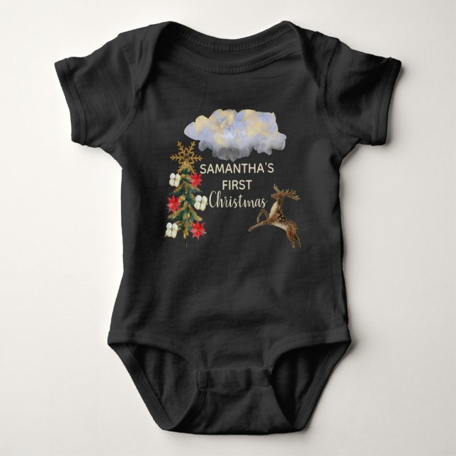Cute Gold Green Tree Deer Cloud Baby 1 Christmas Bodysuit (Front)