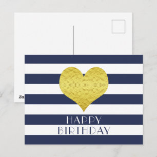 Cute Gold Heart Blue And White Happy Birthday  Postcard