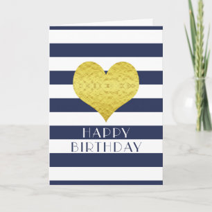 Cute Gold Heart Blue White Stripes Happy Birthday Card