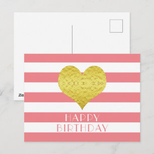 Cute Gold Heart Pink And White Happy Birthday Postcard