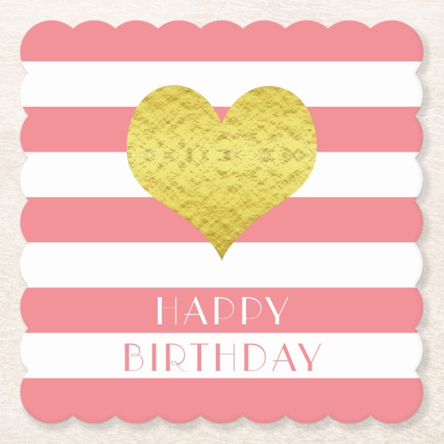 Cute Gold Heart Pink Stripes Happy Birthday Paper Coaster (Front)
