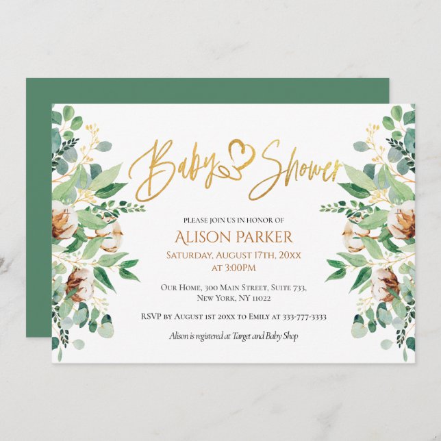 Cute Gold Heart Script Eucalyptus Baby Shower Invitation (Front/Back)