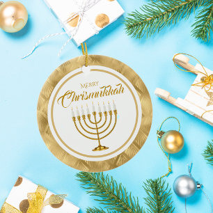 Cute Gold Menorah Merry Chrismukkah Ceramic Ornament