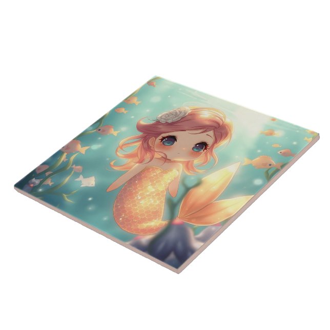 Cute gold mermaid in underwater world ceramic tile (Side)