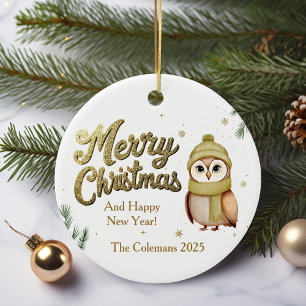 Cute Gold Merry Christmas Owl Personalised Ceramic Ornament