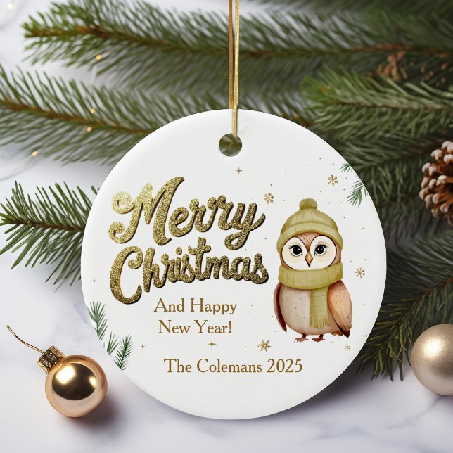 Cute Gold Merry Christmas Owl Personalised Ceramic Ornament (Creator Uploaded)
