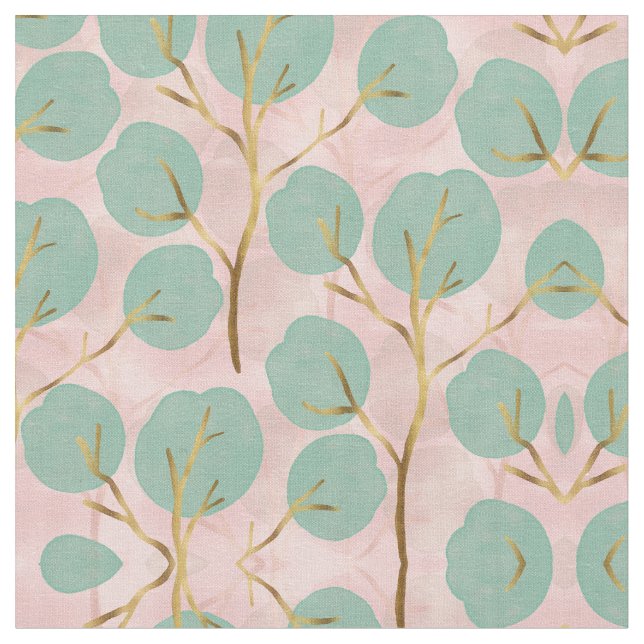 Cute Gold & Mint Tree shapes Minimal Pink Pattern Fabric (Close Up)