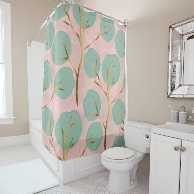 Cute Gold & Mint Tree shapes Minimal Pink Pattern  Shower Curtain (In Situ)