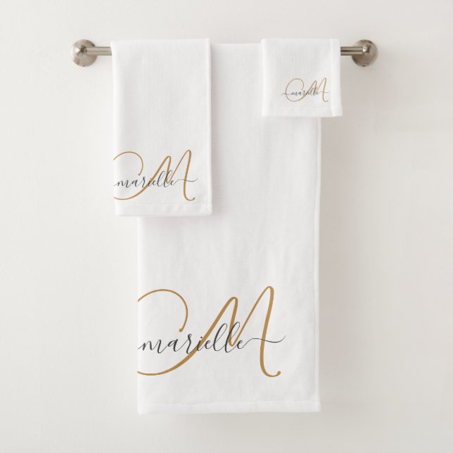 Cute Gold Monogram Script Name Elegant White Bath Towel Set (Insitu)