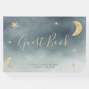 Cute gold moon stars blue watercolor baby shower guest book