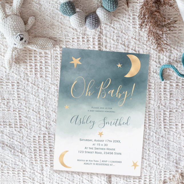 Cute gold moon stars blue watercolor baby shower invitation (Creator Uploaded)