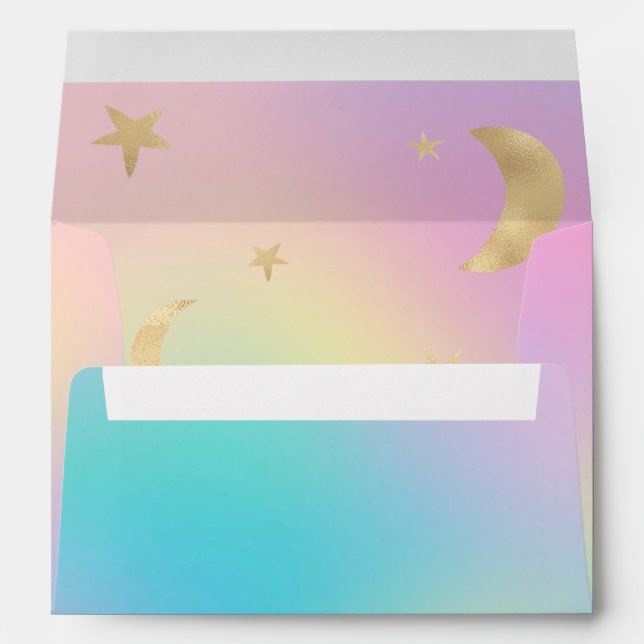 Cute gold moon stars rainbow pastel baby shower envelope (Back (Bottom))