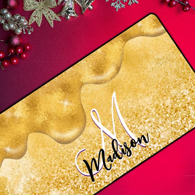 Cute gold ombre glitter drips monogram desk mat (Creator Uploaded)