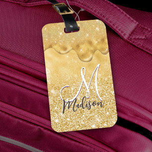 Cute gold ombre glitter drips monogram luggage tag