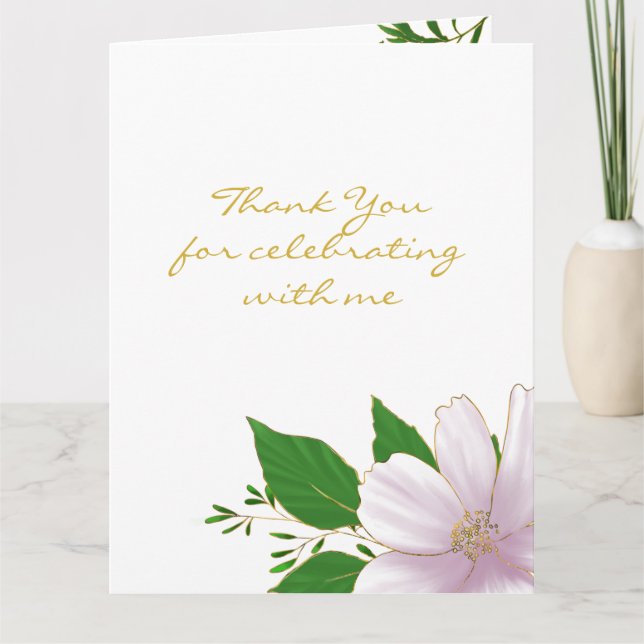 Cute Gold Outlined Pink Flower Bachelorette Thank You Card (Front)
